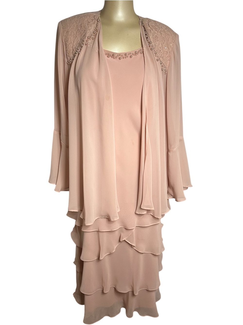Ignite Evenings Blush Pink 2 Pc Beaded Chiffon Jacket Dress Size 16